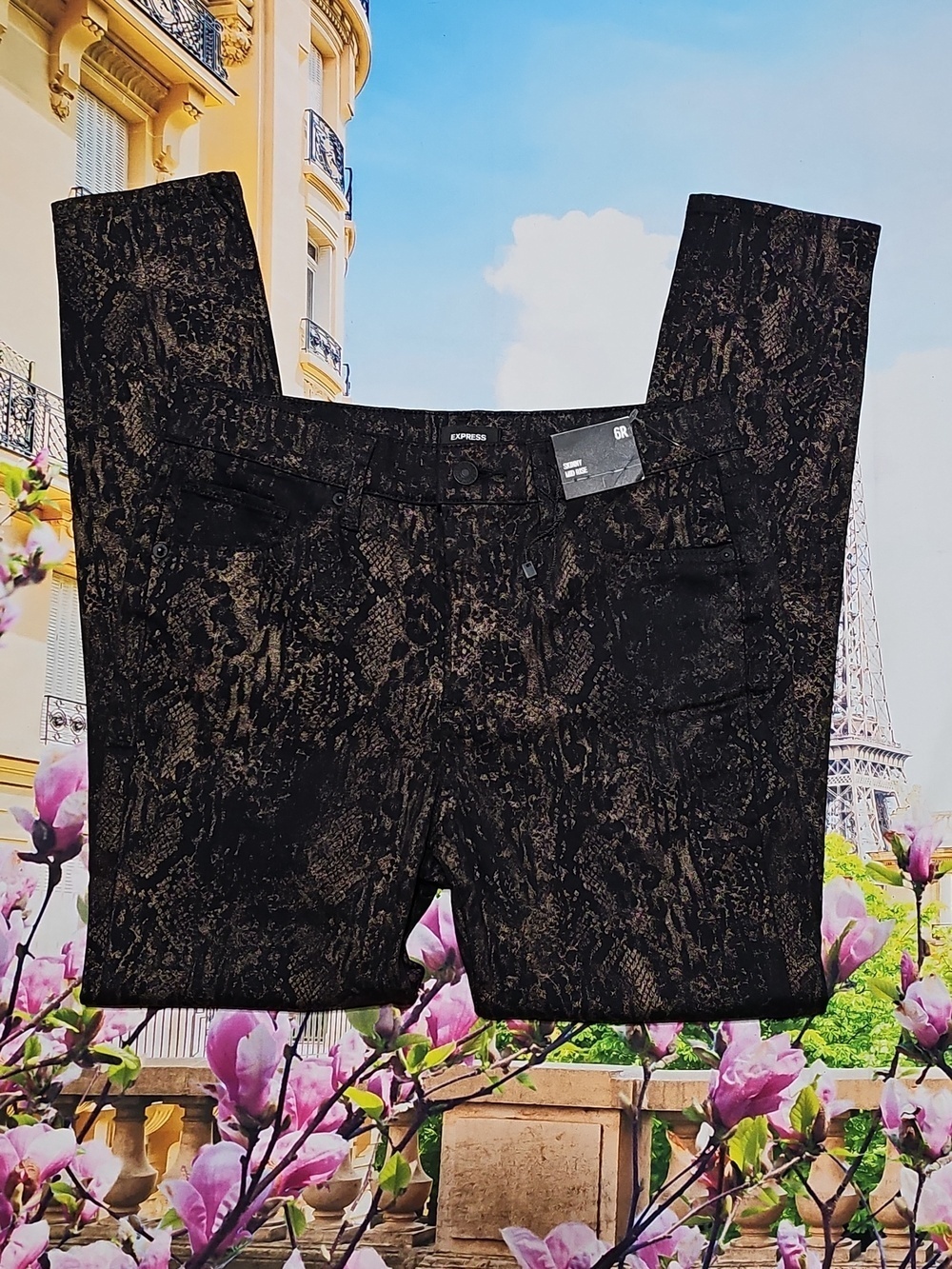 Express Black and Brown Skinny Snake-Print Jeans Size 6R New